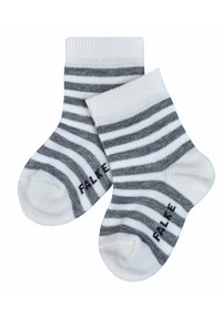 Striped socks in white and gray, featuring a ribbed cuff and seamless toe construction. Text “FALKE” printed near the heel. Soft knit texture.