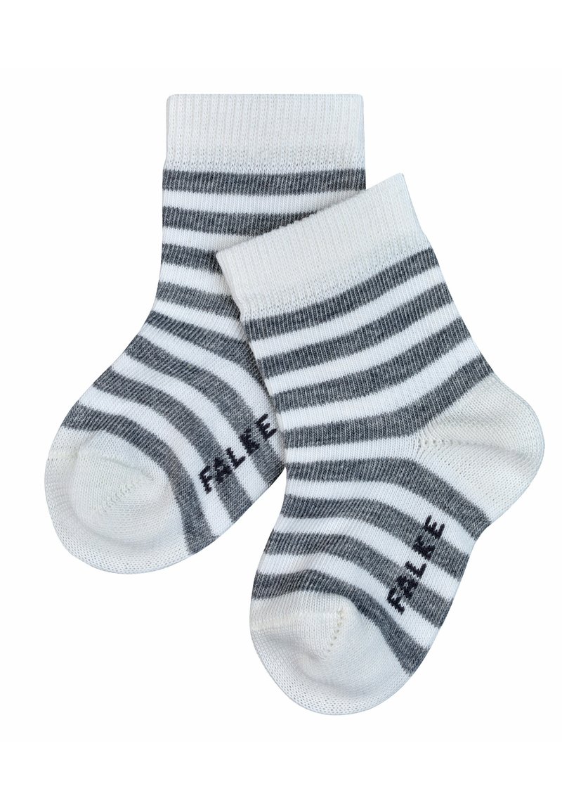 Striped socks in white and gray, featuring a ribbed cuff and seamless toe construction. Text “FALKE” printed near the heel. Soft knit texture.
