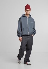 Gray zip-up hoodie with a front pocket and white logo. Paired with loose-fitting black jeans and gray sneakers with red accents. Red knit beanie.