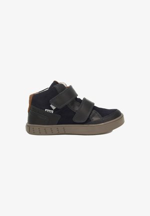 High-top sneakers with a navy suede upper, black synthetic straps, brown synthetic back, and a tan rubber sole with textured detailing.