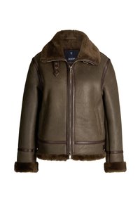 Bruine leren jas met een kraag van schapenvacht. Heeft een rits aan de voorkant, zijzakken en donkerbruine accenten langs de randen en manchetten.