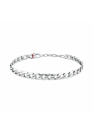 Bracciale a catena in argento con maglie intrecciate lucide e una chiusura liscia su sfondo bianco.