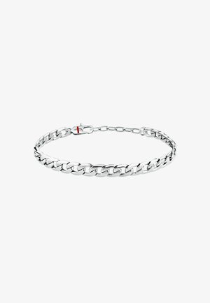 Bracciale a catena in argento con maglie intrecciate lucide e una chiusura liscia su sfondo bianco.