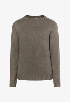 Pulover tricotat maro cu guler rotund, manșete și tiv striate, și o textură netedă. Are mâneci lungi și un design simplu.