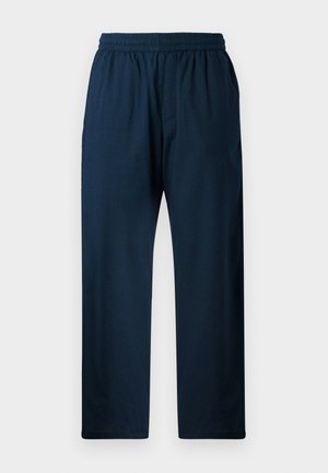 Navy blue, cotton blend trousers with an elastic waistband, straight leg design, side pockets, and a smooth texture.