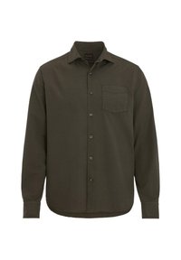Ciemnooliwkowa, długorękawowa koszula na guziki z pojedynczą kieszenią na piersi i klasycznym kołnierzykiem, prezentowana na białym tle.
