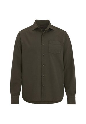 Dunkelolivgrünes, langärmliges Hemd mit Knopfleiste, einer einzelnen Brusttasche und klassischem Kragen, auf weißem Hintergrund dargestellt.