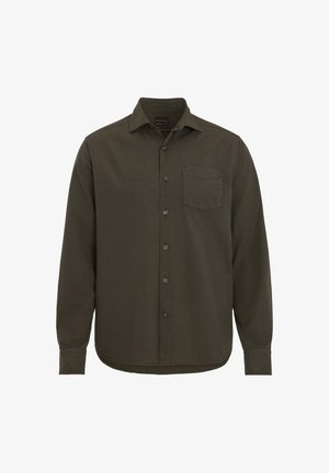 Mørke olivengrøn langærmet skjorte med knapper, enkelt brystlomme og klassisk krave, vist på hvid baggrund.