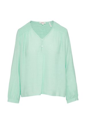 Miętowa bluzka z długim rękawem i dekoltem w kształcie litery V, z trzema guzikami z przodu oraz zdobieniem marszczeniem na ramionach i plecach.