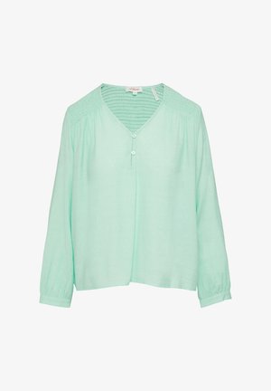 Miętowa bluzka z długim rękawem i dekoltem w kształcie litery V, z trzema guzikami z przodu oraz zdobieniem marszczeniem na ramionach i plecach.