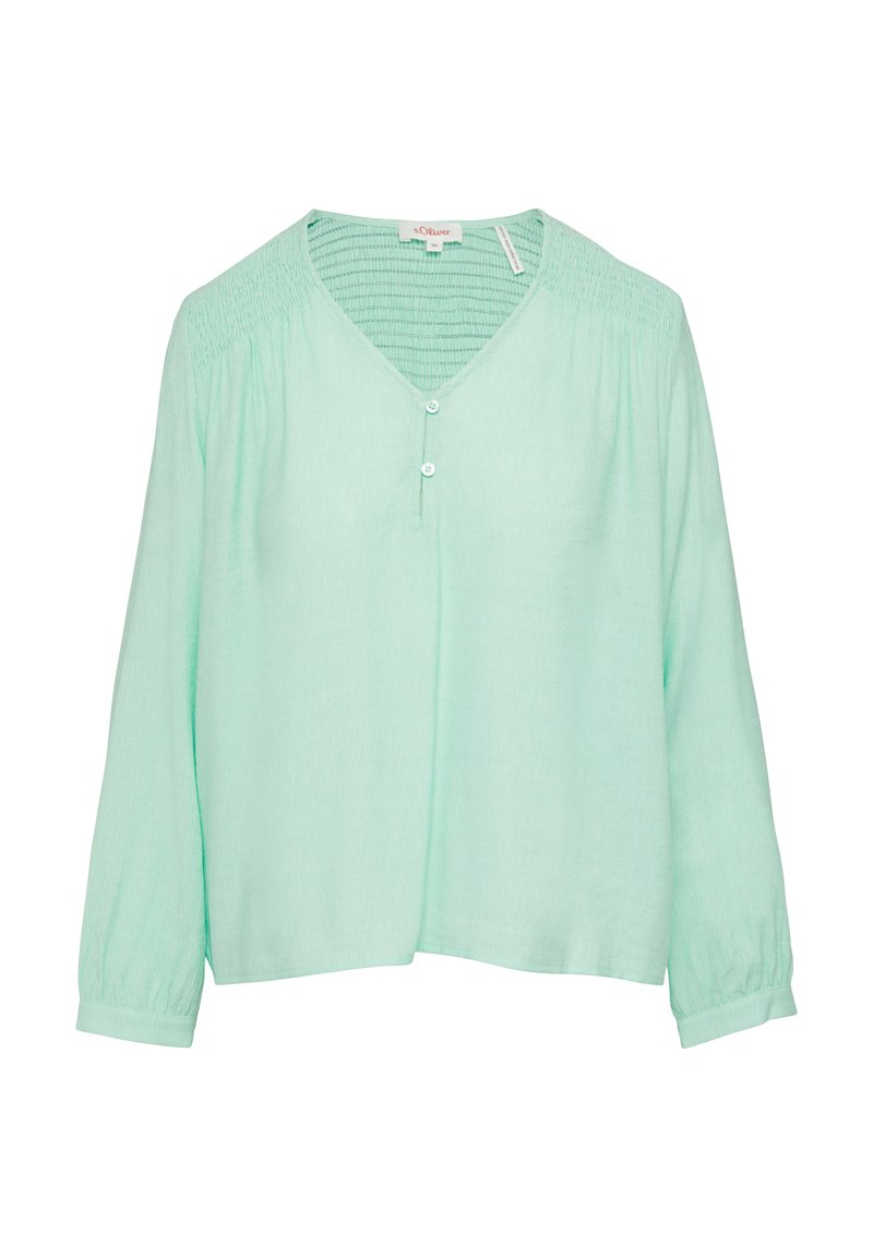 Minzgrünes Langarmbluse mit V-Ausschnitt, die drei Knöpfe auf der Vorderseite und Rüschen an den Schultern und am Rücken aufweist.