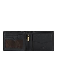 Black bi-fold wallet made of textured leather. Features multiple card slots, a zippered coin compartment, and a brown ID window.