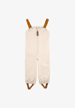 Beige wasserdichter Overall mit braunen verstellbaren Trägern und einem mittigen Reißverschluss. Elastische Bündchen sorgen für einen engen Sitz an den Knöcheln.