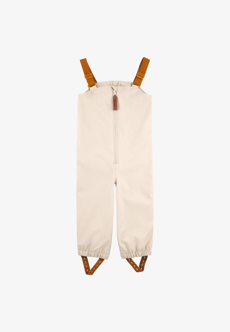 Beige wasserdichter Overall mit braunen verstellbaren Trägern und einem mittigen Reißverschluss. Elastische Bündchen sorgen für einen engen Sitz an den Knöcheln.