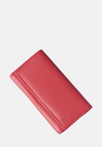 Red leather wallet with a smooth texture, rectangular shape, and stitched accents. Displays a subtle embossed logo on one corner.