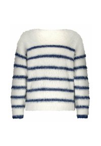 White fuzzy long-sleeve sweater with horizontal navy blue stripes across body and sleeves.
