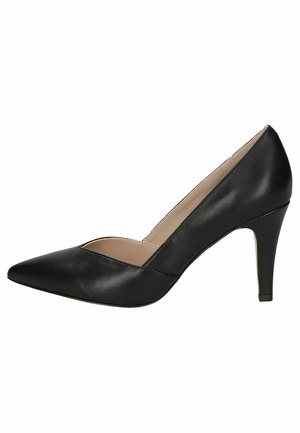 Pump nere in pelle con tacco alto, punta affusolata e design con ritagli. Caratterizzate da un tacco appuntito e una texture liscia. Foderatura interna neutra.
