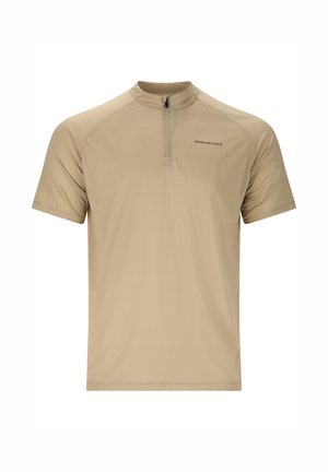Beige short-sleeve athletic shirt with a quarter zip and "ENDURANCE" logo on the left chest.