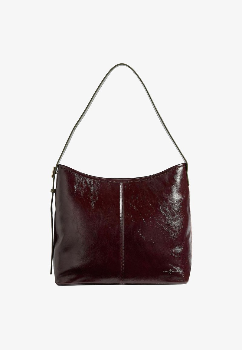 Tume burgundi nahast õlalauk lihtsa disainiga, õhukese sangaga ja väikese "Love & Roses" logo all paremas nurgas.