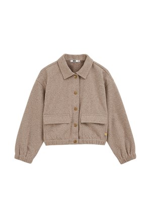 Giacca marrone a spina di pesce con colletto, chiusura con bottoni e due tasche frontali. I polsini elastici e il design cropped aggiungono texture.