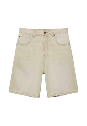 Svetlobéžové rifľové šortky s predným gombíkom, zipsom, pútkami na opasok a dizajnom s piatimi vreckami na bielom pozadí.