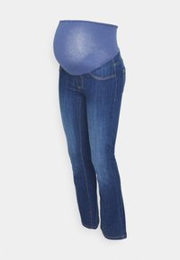 Raskaat farkut raskaana oleville, joissa on joustava sininen pitsi vatsan ylle, kapeat lahkeet ja keskikokoisen pesun denim, jonka koristeena on klassinen ommeltu yksityiskohta.