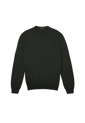 Black knit sweater with a crew neckline and ribbed cuffs and hem. Long sleeves with a smooth, soft texture. No visible patterns or accents.