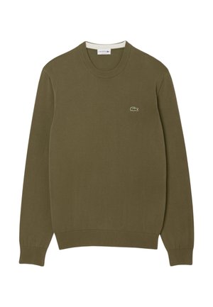 Olivgrüner Langarm-Pullover mit Rundhalsausschnitt, mit gerippten Bündchen und Saum, versehen mit einem kleinen gestickten Krokodil-Logo auf der linken Brust.