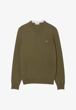 Olivgrüner Langarm-Pullover mit Rundhalsausschnitt, mit gerippten Bündchen und Saum, versehen mit einem kleinen gestickten Krokodil-Logo auf der linken Brust.