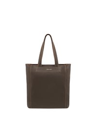Sac fourre-tout en cuir marron avec deux poignées robustes, surface texturée et coutures contrastées. Présente un logo subtil à l'avant.