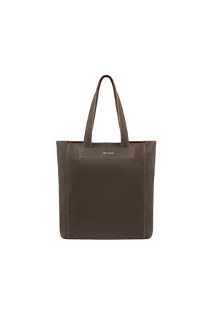 Brown leather tote bag with two sturdy handles, textured surface, and contrasting stitching. Features a subtle logo on the front.