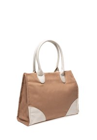 Borsa tote in tela marrone con dettagli e manici in pelle bianca, caratterizzata da una forma rettangolare e toppe angolari a contrasto.