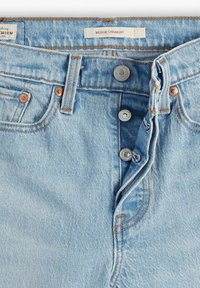 Light blue denim jeans with a straight cut design. Features five buttons, top-stitching in contrasting orange, and a waistband label.