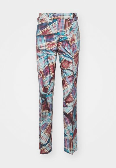 Mitmekesised ruudulised püksid, mis sisaldavad sinise, punase ja valge tooni segu; sile tekstuur; sirge jala disain koos küljetaskutega.