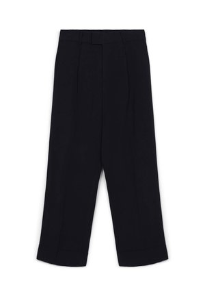Black trousers featuring a straight cut, double pleats at the front, a belt loop waistband, and a tailored hem.