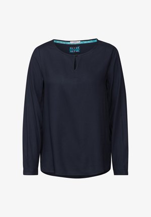 Marineblaues Langarmoberteil mit rundem Halsausschnitt, Schlüssellochdetail und strukturiertem Stoff. Verziert mit geometrischem Muster am Kragen. Glatte Kanten.