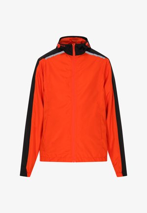 Orange Jacke mit schwarzen Seitenpaneelen, voll zip, hohem Kragen und reflektierenden Akzenten auf den Schultern. Leichtes, windabweisendes Material.