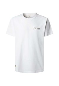 Witte katoenen T-shirt met korte mouwen, ronde hals en een bedrukt logo op de borst. Heeft een klein label aan de zoom.