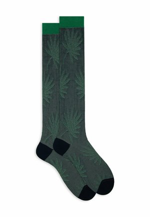 Calze alte fino al ginocchio di colore verde scuro con texture a coste e motivi di foglie verdi. Accenti neri sulla punta e sul tallone.