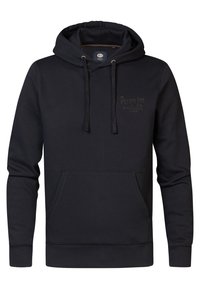 Sudadera con capucha azul marino hecha de una mezcla de algodón, que cuenta con un bolsillo frontal tipo canguro, capucha ajustable con cordón y detalles sutiles del logo. Textura suave.