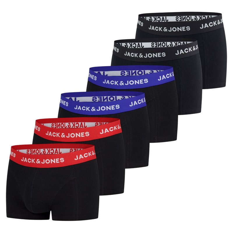 Boxer shorts noirs avec des ceintures élastiques de différentes couleurs : rouge, bleu et noir, portant le texte "JACK & JONES" en couleurs contrastées.