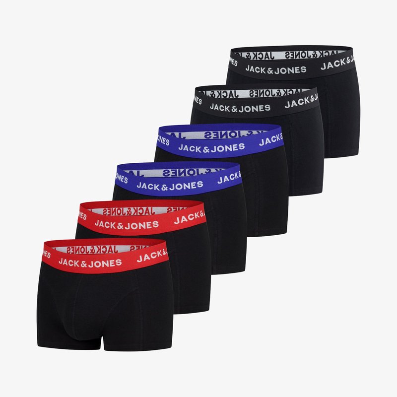 Boxer shorts noirs avec des ceintures élastiques de différentes couleurs : rouge, bleu et noir, portant le texte "JACK & JONES" en couleurs contrastées.