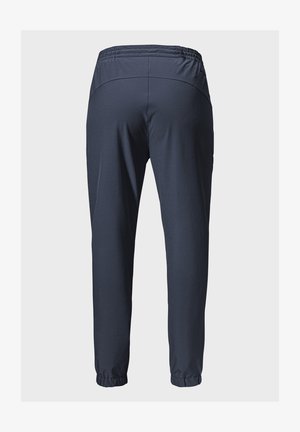 Marineblaue Sporthosen mit einem elastischen Bund, schmal zulaufenden Beinen und elastischen Bündchen an den Knöcheln. Weiches, leichtes Material ohne Muster.