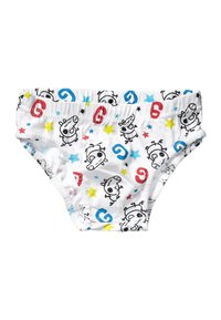 Hvide stoftrusser med tegneserie-dyr og stjernesymbolet i sort, rød, blå og gul. Elastisk talje for komfort.