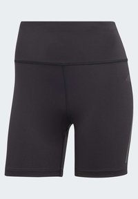 Shorts de sport noirs ajustés à taille haute avec coutures plates et logo discret sur le côté, conçus pour le sport et l'exercice.