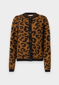 Cardigan en imprimé léopard marron fabriqué en tissu doux, doté d'un col rond, de boutons noirs et de poignets et d'un ourlet côtelés.