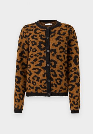 Bruine luipaardprint vest van zachte stof, met een ronde halslijn, zwarte knopen en geribbelde manchetten en zoom.
