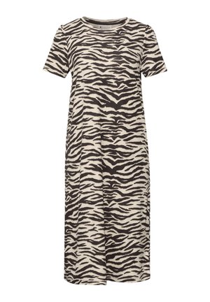 Midi kjole med korte ærmer og sort-hvide zebra striber, rund halsudskæring, lige snit.