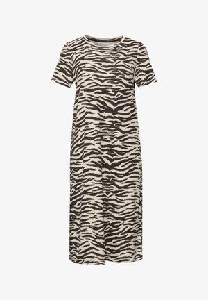 Midimekko, jossa lyhyet hihat ja mustavalkoiset seepra raidat, pyöreä pääntie, suora leikkaus.