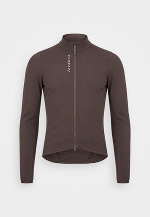 Giacca da ciclismo marrone a maniche lunghe con cerniera frontale completa, collo alto e logo "isadore" sulla parte superiore sinistra del petto.